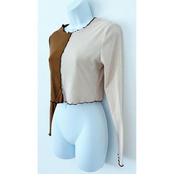 3/$15 SHEIN Two Tone Lettuce Trimmed Long Sleeve Cropped Ribbed Top Size Medium - Picture 5 of 15